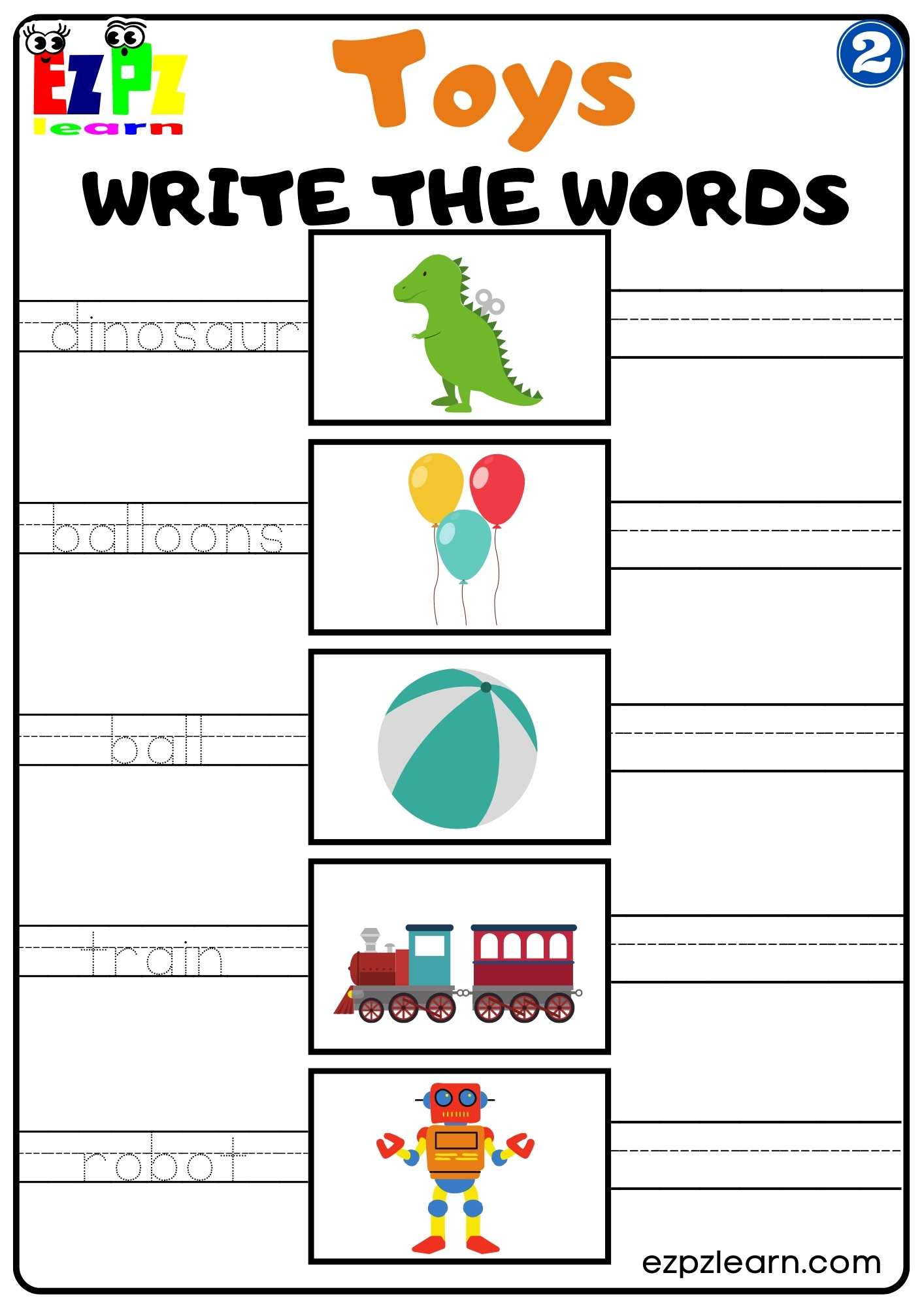 Group 2 Toys Vocabulary Write the Words Worksheet for K5 and ESL PDF Download